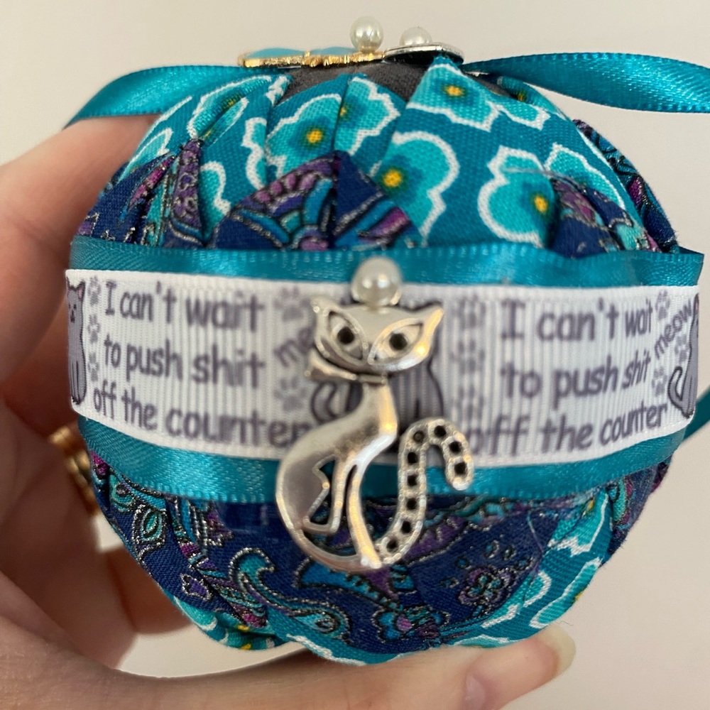 Funny cat teal and grey handmade quilted ornament with charms